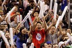 PHILADELPHIA, PA - APRIL 24: Philadelphia 76ers fans cheer during the second half of their 86-82 win over the Miami Heat in Game Four of the Eastern Conference Quarterfinals in the 2011 NBA Playoffs at Wells Fargo Center on April 24, 2011 in Philadelphia, Pennsylvania. NOTE TO USER: User expressly acknowledges and agrees that, by downloading and/or using this Photograph, User is consenting to the terms and conditions of the Getty Images License Agreement.  (Photo by Rob Carr/Getty Images)