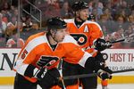 PHILADELPHIA, PA - OCTOBER 22:  Braydon Coburn #5 and Kimmo Timonen #44 of the Philadelphia Flyers in action against the St. Louis Blues on October 22, 2011 at Wells Fargo Center in Philadelphia, Pennsylvania. The Blues defeated the Flyers 4-2.  (Photo by Jim McIsaac/Getty Images)