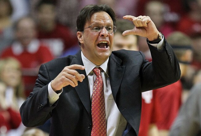 BLOOMINGTON, IN - JANUARY 05:  Tom Crean the head coach of the Indiana Hoosiers shoots the ball during the Big Ten Conference game against the Michigan Wolverines at Assembly Hall on January 5, 2012 in Bloomington, Indiana.  (Photo by Andy Lyons/Getty Images)