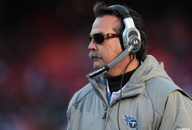 KANSAS CITY, MO - DECEMBER 26:  Head coach Jeff Fisher of the Tennessee Titans looks on from the sidelines during the game against the Kansas City Chiefs on December 26, 2010 at Arrowhead Stadium in Kansas City, Missouri.  (Photo by Jamie Squire/Getty Images)