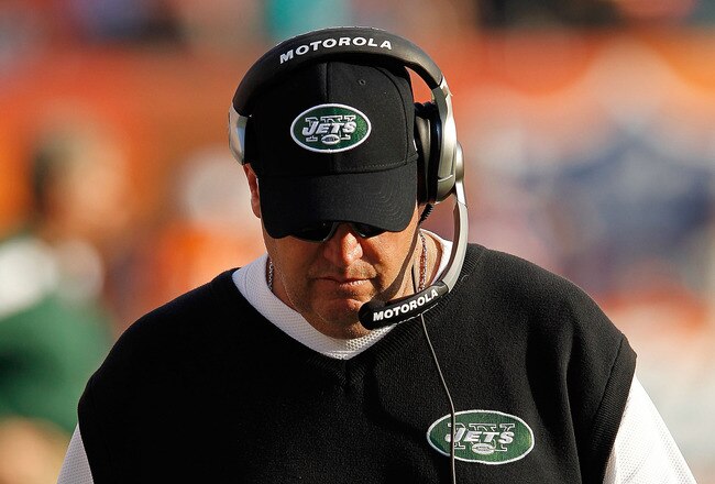 MIAMI GARDENS, FL - JANUARY 01:  New York Jets head coach Rex Ryan looks on during a game against the Miami Dolphins at Sun Life Stadium on January 1, 2012 in Miami Gardens, Florida.  (Photo by Mike Ehrmann/Getty Images)