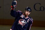 COLUMBUS, OH - FEBRUARY 11:  Rick Nash #61 of the Columbus Blue Jackets salutes the crowd after being named the number one star after helping defeat the Colorado Avalanche 3-1 on February 11, 2011 at Nationwide Arena in Columbus, Ohio. (Photo by John Grieshop/Getty Images)