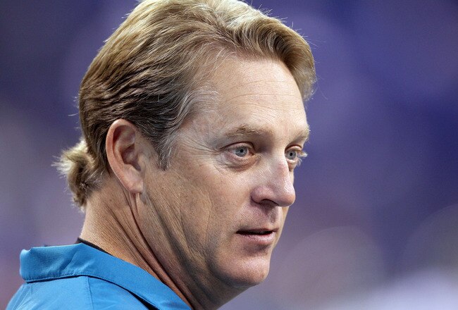 INDIANAPOLIS, IN - NOVEMBER 13:  Jack Del Rio the Head Coach of the Jacksonville Jaguars watches his team practice before the game against the Indianapolis Colts at Lucas Oil Stadium on November 13, 2011 in Indianapolis, Indiana.  (Photo by Andy Lyons/Getty Images)