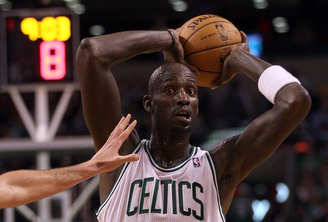 BOSTON, MA - JANUARY 06:  Kevin Garnett #5 of the Boston Celtics looks to pass in the second half against the Indiana Pacers on January 6, 2012 at TD Garden in Boston, Massachusetts. The Indiana Pacers defeated the Boston Celtics 87-74. NOTE TO USER: User expressly acknowledges and agrees that, by downloading and or using this photograph, User is consenting to the terms and conditions of the Getty Images License Agreement.  (Photo by Elsa/Getty Images)