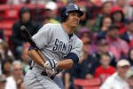 BOSTON, MA  - JUNE 22:  Will Venable #25 of the San Diego Padres connects for a home run in the first inning against the Boston red Sox at Fenway Park on June 22, 2011 in Boston, Massachusetts. (Photo by Jim Rogash/Getty Images)