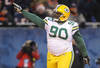 CHICAGO, IL - JANUARY 23:  B.J. Raji #90 of the Green Bay Packers reacts after scoring on a 18-yard interception return for a touchdown in the fourth quarter against the Chicago Bears in the NFC Championship Game at Soldier Field on January 23, 2011 in Chicago, Illinois.  (Photo by Andy Lyons/Getty Images)