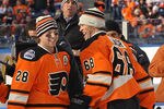 PHILADELPHIA, PA - JANUARY 02:  (L-R) Scott Hartnell #19, Claude Giroux #28 and Jaromir Jagr #68 of the Philadelphia Flyers laugh together before playing against the New York Rangers during the 2012 Bridgestone NHL Winter Classic at Citizens Bank Park on January 2, 2012 in Philadelphia, Pennsylvania.  (Photo by Bruce Bennett/Getty Images)