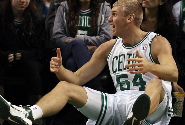 BOSTON, MA - JANUARY 06:  Greg Stiemsma #54 of the Boston Celtics reacts to a foul against him in the second half against the Indiana Pacers on January 6, 2012 at TD Garden in Boston, Massachusetts. The Indiana Pacers defeated the Boston Celtics 87-74. NOTE TO USER: User expressly acknowledges and agrees that, by downloading and or using this photograph, User is consenting to the terms and conditions of the Getty Images License Agreement.  (Photo by Elsa/Getty Images)