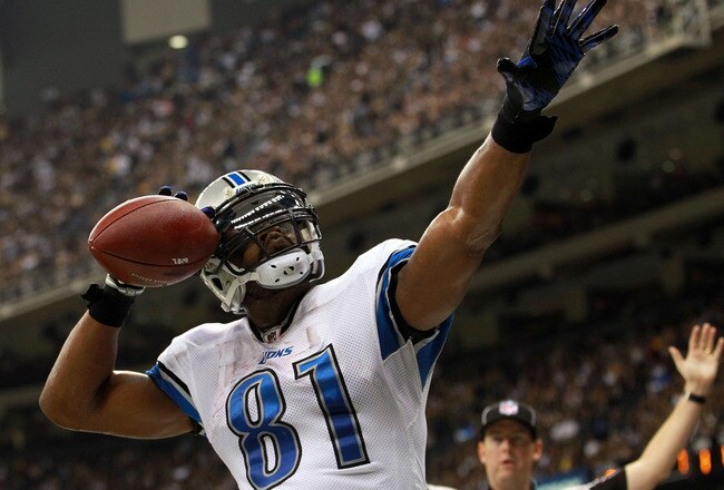 NEW ORLEANS, LA - JANUARY 07:  Calvin Johnson #81 of the Detroit Lions celebrates after scoring a touchdown in the second quarter against the New Orleans Saints during their 2012 NFC Wild Card Playoff game at Mercedes-Benz Superdome on January 7, 2012 in New Orleans, Louisiana.  (Photo by Ronald Martinez/Getty Images)
