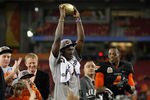 GLENDALE, AZ - JANUARY 02:  Justin Blackmon #81 and Justin Gilbert #4 of the Oklahoma State Cowboys celebrate with the trophy after after Oklahoma won 41-38 in overtime against the Stanford Cardinal during the Tostitos Fiesta Bowl on January 2, 2012 at University of Phoenix Stadium in Glendale, Arizona.  (Photo by Donald Miralle/Getty Images)