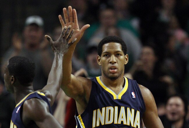 BOSTON, MA - JANUARY 06: Danny Granger #33 of the Indiana Pacers is congratulated by teammate Darren Collison #3 after Granger drew the foul in the second half against the Boston Celtics on January 6, 2012 at TD Garden in Boston, Massachusetts. The Indiana Pacers defeated the Boston Celtics 87-74. NOTE TO USER: User expressly acknowledges and agrees that, by downloading and or using this photograph, User is consenting to the terms and conditions of the Getty Images License Agreement.  (Photo by Elsa/Getty Images)