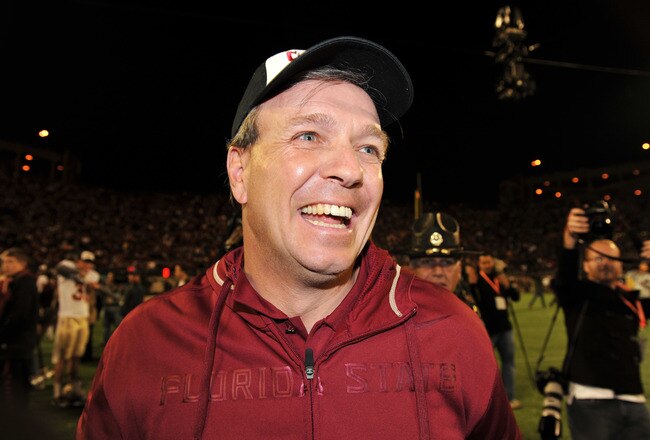 ORLANDO, FL - DECEMBER 29: Coach Jimbo Fisher of the Florida State Seminoles celebrates a victory against the Notre Dame Fight Irish  in the 2011 Champs Sports Bowl December 29, 2011 at the Florida Citrus Bowl in Orlando, Florida.  FSU won 18  15. (Photo by Al Messerschmidt/Getty Images)