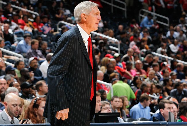ATLANTA - NOVEMBER 12:  Head coach Jerry Sloan of the Utah Jazz against the Atlanta Hawks at Philips Arena on November 12, 2010 in Atlanta, Georgia.  NOTE TO USER: User expressly acknowledges and agrees that, by downloading and/or using this Photograph, User is consenting to the terms and conditions of the Getty Images License Agreement.  (Photo by Kevin C. Cox/Getty Images)
