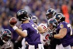 BALTIMORE, MD - OCTOBER 16: Quarterback Joe Flacco #5 of the Baltimore Ravens throws a pass against the Houston Texans at M&T Bank Stadium on October 16, 2011 in Baltimore, Maryland. The Ravens won 29-14.  (Photo by Rob Carr/Getty Images)