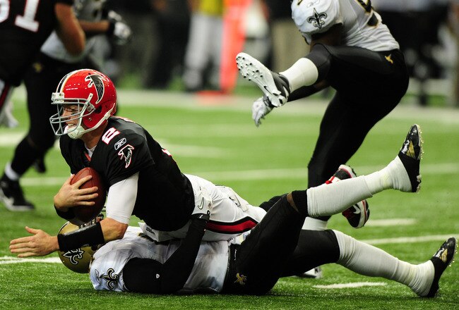 ATLANTA, GA - NOVEMBER 13: Matt Ryan #2 of the Atlanta Falcons is sacked by Roman Harper #41 of the New Orleans Saints at the Georgia Dome on November 13, 2011 in Atlanta, Georgia. (Photo by Scott Cunningham/Getty Images)