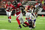 ATLANTA, GA - NOVEMBER 27: Harry Douglas #83 of the Atlanta Falcons runs with a catch for a touchdown against Asher Allen #21 of the Minnesota Vikings at the Georgia Dome on November 27, 2011 in Atlanta, Georgia. (Photo by Scott Cunningham/Getty Images)