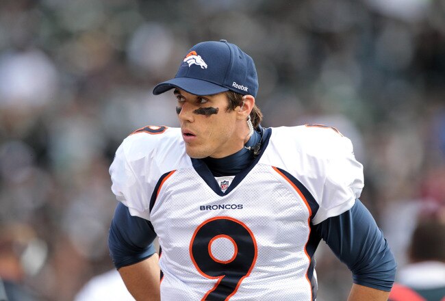 OAKLAND, CA - NOVEMBER 06:  Brady Quinn #9 of the Denver Broncos stands on the sidelines during their game against the Oakland Raiders at O.co Coliseum on November 6, 2011 in Oakland, California.  (Photo by Ezra Shaw/Getty Images)