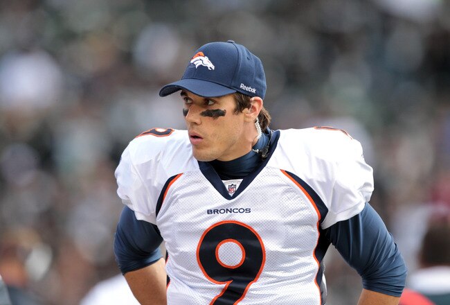 OAKLAND, CA - NOVEMBER 06:  Brady Quinn #9 of the Denver Broncos stands on the sidelines during their game against the Oakland Raiders at O.co Coliseum on November 6, 2011 in Oakland, California.  (Photo by Ezra Shaw/Getty Images)