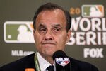ST LOUIS, MO - OCTOBER 26:  Major League Baseball’s Executive Vice President of Baseball Operations Joe Torre speaks at a press conference announcing the postponement of Game 6 of the World Series at Busch Stadium on October 26, 2011 in St Louis, Missouri. Game 6 of the World Series between the St. Louis Cardinals and the Texas Rangers has been postponed by Major League Baseball because of rainy weather. The game has been rescheduled for tomorrow night. Game 7, if necessary, will now be played on Friday night.  (Photo by Jamie Squire/Getty Images)