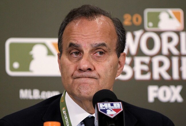 ST LOUIS, MO - OCTOBER 26:  Major League Baseball’s Executive Vice President of Baseball Operations Joe Torre speaks at a press conference announcing the postponement of Game 6 of the World Series at Busch Stadium on October 26, 2011 in St Louis, Missouri. Game 6 of the World Series between the St. Louis Cardinals and the Texas Rangers has been postponed by Major League Baseball because of rainy weather. The game has been rescheduled for tomorrow night. Game 7, if necessary, will now be played on Friday night.  (Photo by Jamie Squire/Getty Images)