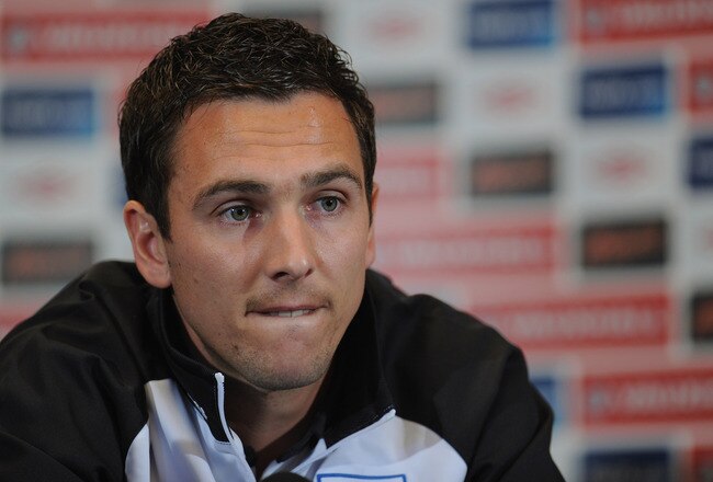LONDON, ENGLAND - AUGUST 30:  Stewart Downing speaks to the media during the England press conference ahead of their UEFA EURO 2012 Group G qualifier against Bulgaria at London Colney on August 30, 2011 in London, England.  (Photo by Michael Regan/Getty Images)
