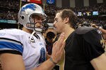 NEW ORLEANS, LA - JANUARY 07:  Matthew Stafford #9 of the Detroit Lions shakes hands with  Drew Brees #9 of the New Orleans Saints after their 2012 NFC Wild Card Playoff game at Mercedes-Benz Superdome on January 7, 2012 in New Orleans, Louisiana. The Saints won the game 45-28.  (Photo by Ronald Martinez/Getty Images)