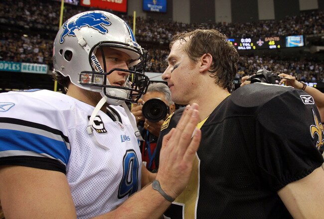 NEW ORLEANS, LA - JANUARY 07:  Matthew Stafford #9 of the Detroit Lions shakes hands with  Drew Brees #9 of the New Orleans Saints after their 2012 NFC Wild Card Playoff game at Mercedes-Benz Superdome on January 7, 2012 in New Orleans, Louisiana. The Saints won the game 45-28.  (Photo by Ronald Martinez/Getty Images)