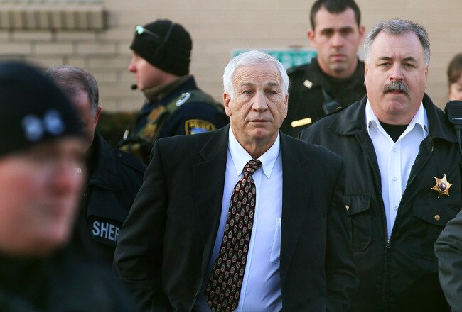 BELLEFONTE, PA - DECEMBER 13:  Former Penn State assistant football coach Jerry Sandusky leaves the Centre County Courthouse, on December 13, 2011 in Bellefonte, Pennsylvania. Sandusky, who was charged with sexual abuse involving 10 boys he met through the Second Mile nonprofit organization, appeared briefly at today's preliminary hearing.  (Photo by Mark Wilson/Getty Images)
