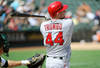 OAKLAND, CA - SEPTEMBER 14: Mark Trumbo #44 of the Los Angeles Angels of Anaheim hits a single off the right field wall against the Oakland Athletics in the eighth inning during an MLB baseball game at O.co Coliseum on September 14, 2011 in Oakland, California.  (Photo by Thearon W. Henderson/Getty Images)