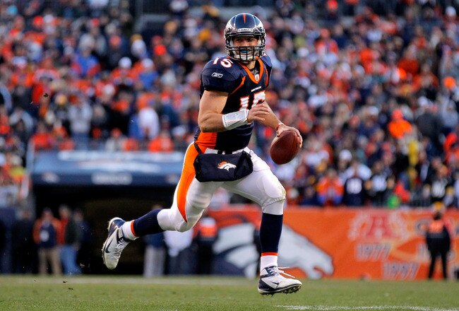 DENVER, CO - JANUARY 08:  Tim Tebow #15 of the Denver Broncos runs with the ball against the Pittsburgh Steelers during the AFC Wild Card Playoff game at Sports Authority Field at Mile High on January 8, 2012 in Denver, Colorado.  (Photo by Justin Edmonds/Getty Images)