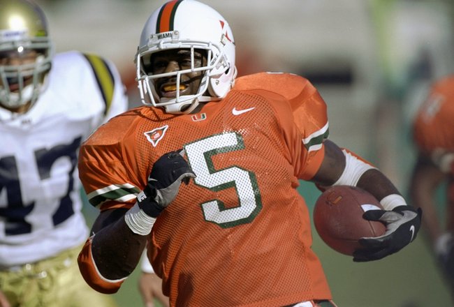 5 Dec 1998:  Running back Edgerrin James #5 of the University of Miami Hurricanes in action during the game against the UCLA Bruins at the Orange Bowl in Miami, Florida. The Hurricanes defeated the Bruins 49-45. Mandatory Credit: Eliot Schecter  /Allsport