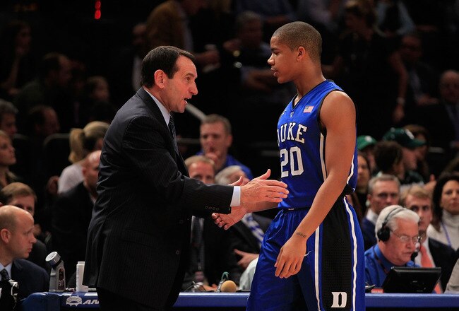 NEW YORK - NOVEMBER 15:  Head coach Mike Krzyzewski of the Duke Blue Devils talks Andre Dawkins #20 of the Duke Blue Devils during a game against the Michigan State Spartans during the 2011 State Farms Champions Classic at Madison Square Garden on November 15, 2011 in New York City.  (Photo by Chris Trotman/Getty Images)