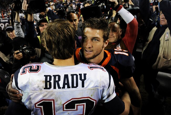 DENVER, CO - DECEMBER 18: Quarterback Tim Tebow #15 of the Denver Broncos and quarterback Tom Brady #12 of the New England Patriots shake hands after an NFL game at Sports Authority Field at Mile High on December 18, 2011 in Denver, Colorado. The New England Patriots won, 41-23 (Photo by Patrick Smith/Getty Images)