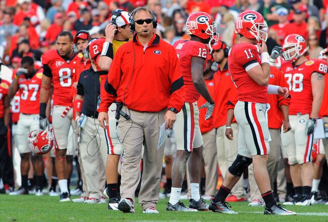 TAMPA, FL - JANUARY 02: Coach Mark Richt of the Georgia Bulldogs  watches play against the Michigan State Spartans in the Outback Bowl January 2, 2012 at Raymond James Stadium in Tampa, Florida. (Photo by Al Messerschmidt/Getty Images)