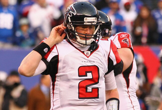 EAST RUTHERFORD, NJ - JANUARY 08:  Matt Ryan #2 of the Atlanta Falcons walks towards the sideline in the fourth quarter against the New York Giants  during their NFC Wild Card Playoff game at MetLife Stadium on January 8, 2012 in East Rutherford, New Jersey.  (Photo by Al Bello/Getty Images)