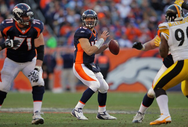 DENVER, CO - JANUARY 08:  Tim Tebow #15 of the Denver Broncos looks to deliver a pass against the Pittsburgh Steelers at Sports Authority Field at Mile High on January 8, 2012 in Denver, Colorado.  (Photo by Doug Pensinger/Getty Images)