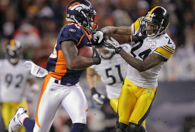 DENVER, CO - JANUARY 08:  Demaryius Thomas #88 of the Denver Broncos makes a pass reception and fights off Ike Taylor #24 of the Pittsburgh Steelers to go 80 yards for the game winning touchdown on the first play of overtime at Sports Authority Field at Mile High on January 8, 2012 in Denver, Colorado. The Broncos defeated the Steelers 29-23 in their AFC Wild Card Playoff game.  (Photo by Doug Pensinger/Getty Images)