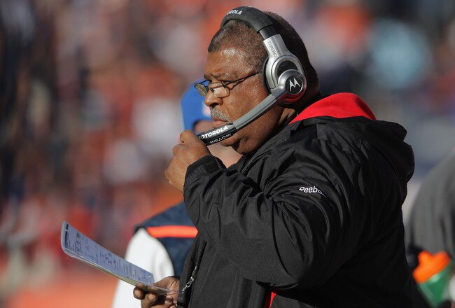 DENVER, CO - JANUARY 01:  Head coach Romeo Crennel leads the Kansas City Chiefs to a 7-3 victory over the Denver Broncos at Sports Authority Field at Mile High on January 1, 2012 in Denver, Colorado.  (Photo by Doug Pensinger/Getty Images)