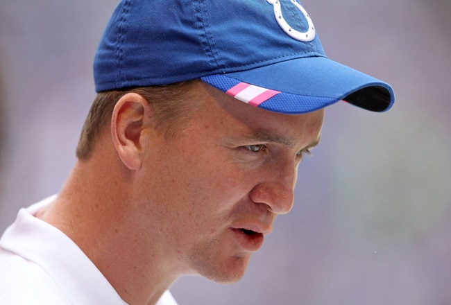 INDIANAPOLIS, IN - OCTOBER 09:  Peyton Manning of the Indianapolis Colts watches his team play the NFL game against the Kansas City Chiefs at Lucas Oil Stadium on October 9, 2011 in Indianapolis, Indiana.  (Photo by Andy Lyons/Getty Images)
