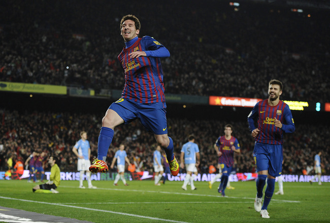 BARCELONA, SPAIN - JANUARY 04: Lionel Messi of FC Barcelona celebrates after scoring his team's third goal during the round of last 16 Copa del Rey 1st leg match between FC Barcelona and CZ Osasuna at Camp Nou on January 4, 2012 in Barcelona, Spain. (Photo by David Ramos/Getty Images)
