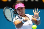 SYDNEY, AUSTRALIA - JANUARY 09:  Li Na of China plays a forehand in her first round singles match against Ekaterina Makarova of Russia during day two of the 2012 Sydney International at Sydney Olympic Park Tennis Centre on January 9, 2012 in Sydney, Australia.  (Photo by Matt King/Getty Images)