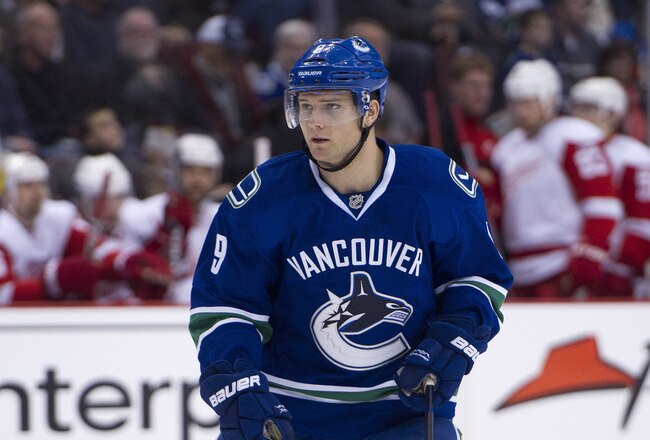 VANCOUVER, CANADA - DECEMBER 21: Cody Hodgson #9 of the Vancouver Canucks skates during NHL action against the Detroit Red Wings on December 21, 2011 at Rogers Arena in Vancouver, British Columbia, Canada.  (Photo by Rich Lam/Getty Images)