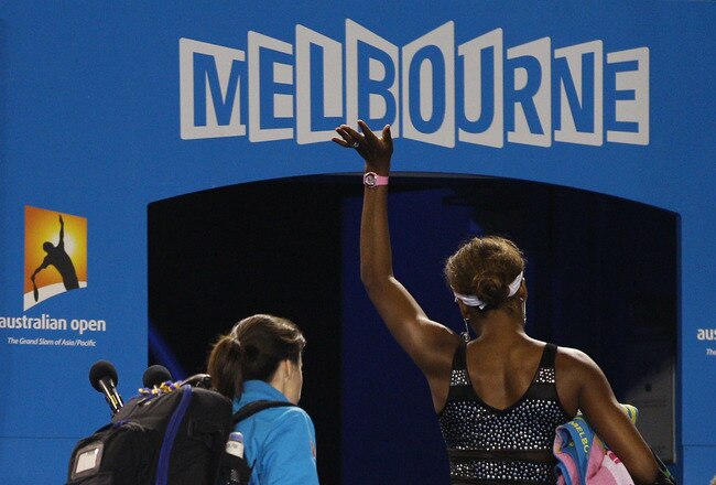 MELBOURNE, AUSTRALIA - JANUARY 21:  Venus Williams of the United States of America acknowledges the crowd as she walks off after retiring hurt in her third round match against Andrea Petkovic of Germany during day five of the 2011 Australian Open at Melbourne Park on January 21, 2011 in Melbourne, Australia.  (Photo by Mark Kolbe/Getty Images)