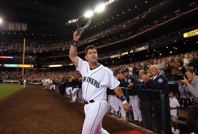 SEATTLE - OCTOBER 2:  Edgar Martinez #11 of the Seattle Mariners waves to fans as he takes the field during a post game ceremony honoring his career as a Mariner after the game against the Seattle Mariners on October 2, 2004 at Safeco Field in Seattle, Washington.   (Photo by Otto Greule Jr/Getty Images)