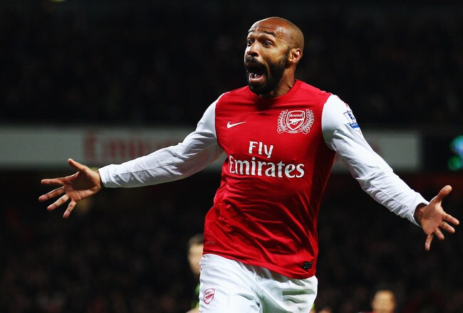 LONDON, ENGLAND - JANUARY 09:  Thierry Henry of Arsenal celebrates scoring during the FA Cup Third Round match between Arsenal and Leeds United at the Emirates Stadium on January 9, 2012 in London, England.  (Photo by Clive Mason/Getty Images)