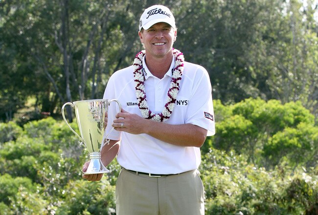 KAPALUA, HI - JANUARY 09:  Steve Stricker holds the trophy after winning the Hyundai Tournament of Champions at the Plantation Course on January 9, 2012 in Kapalua, Hawaii.  (Photo by Sam Greenwood/Getty Images)