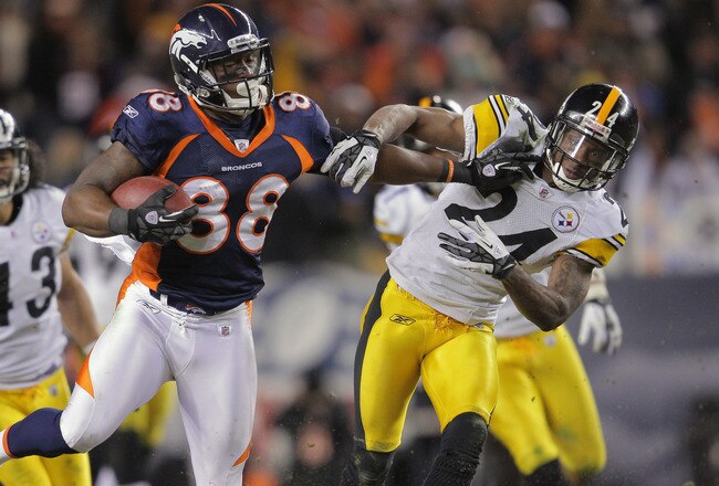 DENVER, CO - JANUARY 08:  Demaryius Thomas #88 of the Denver Broncos makes a pass reception and fights off Ike Taylor #24 of the Pittsburgh Steelers to go 80 yards for the game winning touchdown on the first play of overtime at Sports Authority Field at Mile High on January 8, 2012 in Denver, Colorado. The Broncos defeated the Steelers 29-23 in their AFC Wild Card Playoff game.  (Photo by Doug Pensinger/Getty Images)