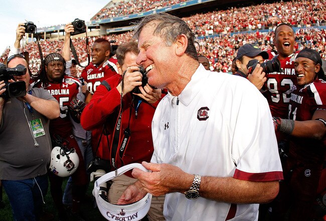 ORLANDO, FL - JANUARY 02:  South Carolina Gamecocks head coach Steve Spurrier reacts after winning the Capitol One Bowl against the Nebraska Cornhuskers at Florida Citrus Bowl on January 2, 2012 in Orlando, Florida.  (Photo by Mike Ehrmann/Getty Images)