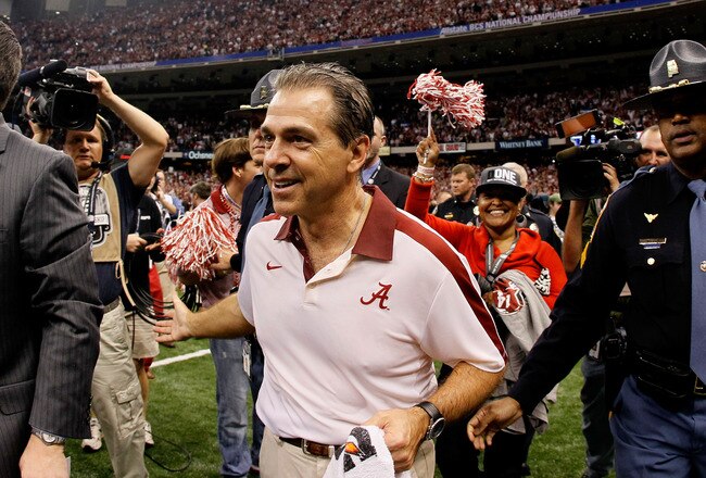 NEW ORLEANS, LA - JANUARY 09:  Head coach Nick Saban of the Alabama Crimson Tide looks on after defeating Louisiana State University Tigers in the 2012 Allstate BCS National Championship Game at Mercedes-Benz Superdome on January 9, 2012 in New Orleans, Louisiana. Alabama won the game by a score of 21-0.  (Photo by Kevin C. Cox/Getty Images)