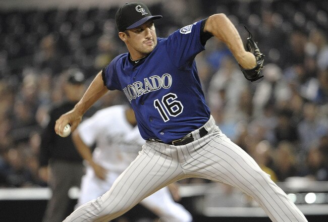 SAN DIEGO, CA - SEPTEMBER 3: Huston Street #16 of the Colorado Rockies pitches during the eighth inning of a baseball game against the San Diego Padres at Petco Park on September 3, 2011 in San Diego, California. (Photo by Denis Poroy/Getty Images)